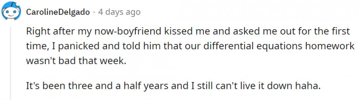 Who talks about differential equations homework right after a kiss?