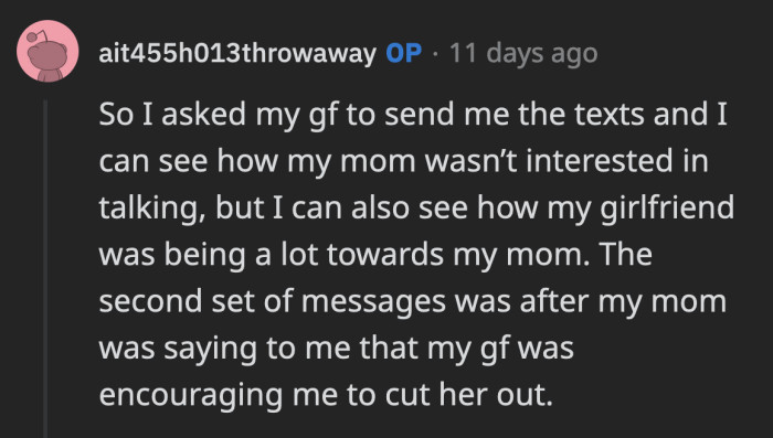 OP caved eventually and asked his GF for screenshots of her conversation with OP's mom.