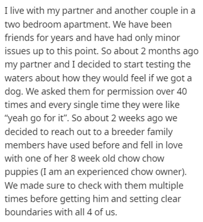 OP lives with their partner in a two-bedroom apartment that they share with another couple, and they've been friends for years