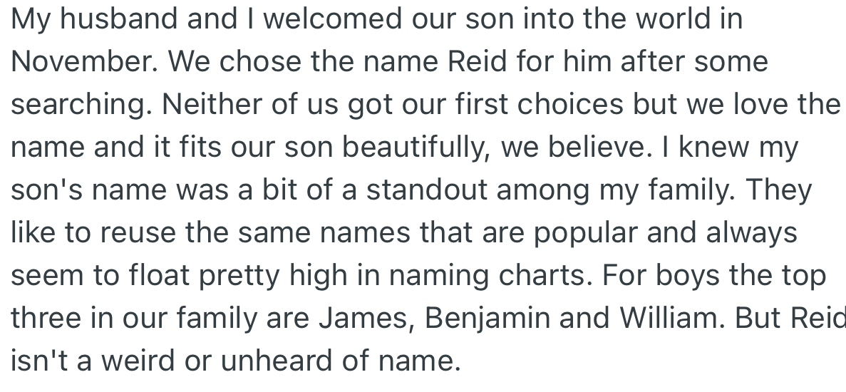 OP and her husband chose the name “Reid” for their newborn son