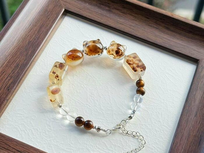 "Look What I Made! A Bracelet With Little Brown Crystal Cats"