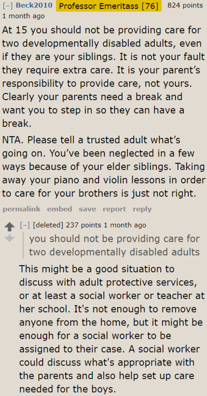 A fifteen-year-old shouldn't be caring for two disabled adults. The parents shouldn't turn caregiving into the OP's responsibility.
