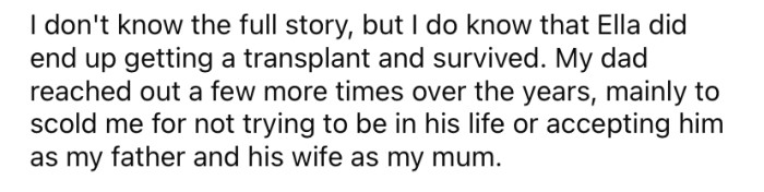 From then on, the OP mostly only heard from her dad when he felt like scolding her for not accepting him.