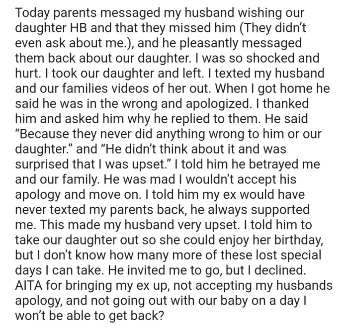 OP's parents who she had gone NC with texted her husband and he replied. This upset OP, but after her husband apologized, she went on to compare him with her ex