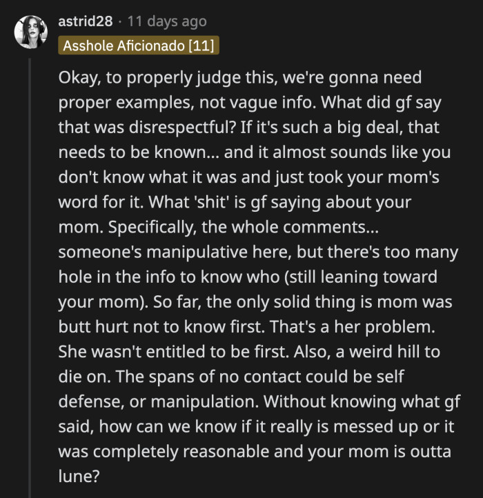 The commenter insisted on having more concrete examples of OP's GF disrespecting his mom because the ones OP has given so far aren't enough.