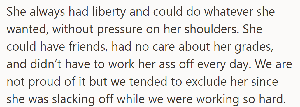 Eva enjoyed freedom without pressure, while her siblings worked hard. They admit to feeling resentful and sometimes excluded her.