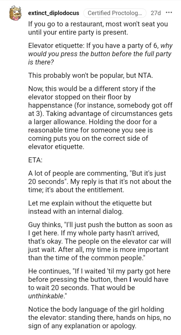 This Redditor talks more about elevator etiquette, as they believe that the OP isn't the AH here