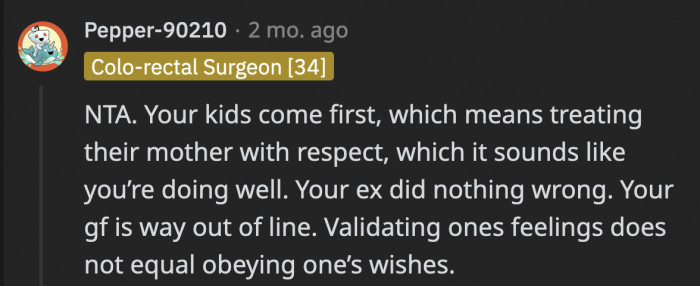 Neither OP nor his ex has done anything that would show disrespect to his girlfriend; instead, they were only interacting for the kids’ benefit.