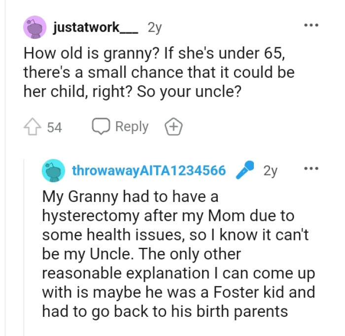 The boy from the OP's memories might be her granny's child if she's under 65