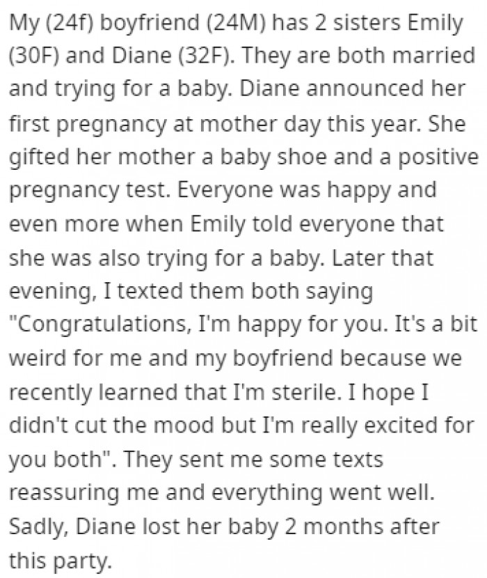 She felt uncomfortable when they first revealed their pregnancy because she recently found out she was infertile.