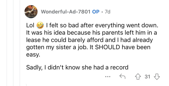 OP was unaware of her sister's record.