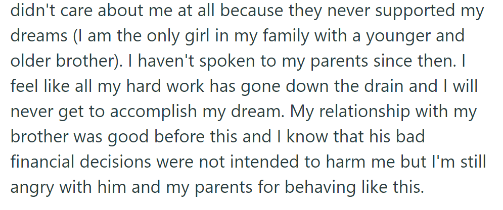 She lashed out at her parents for their lack of support for her dream and hasn't spoken to them since. Anger lingers towards her brother and parents.