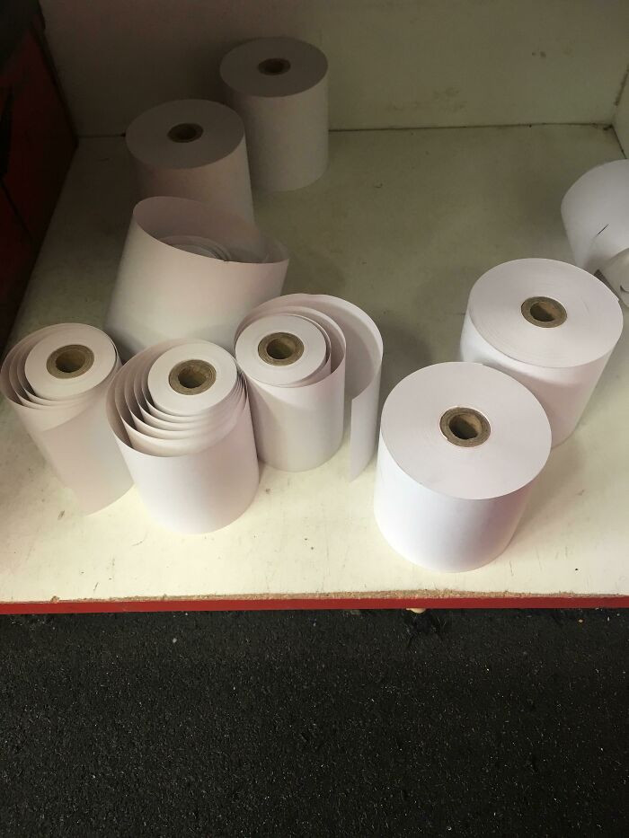 "A Coworker Throws Out Half-Used Receipt Rolls Because He 'Doesn’t Like When The Receipts Get Curly.' I Had To Fish These Out Of The Bin"