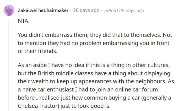The parents embarrassed themselves and their child, reflecting the British middle-class fixation on appearances, even with unnecessary car purchases.