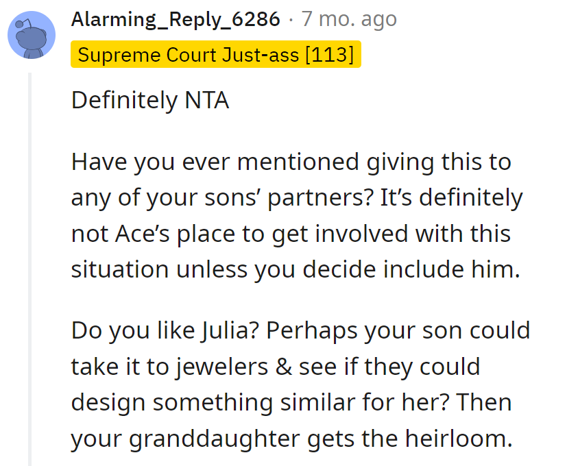 Ace, the uninvited heirloom spokesperson. How about he crafts a DIY charm for Julia?
