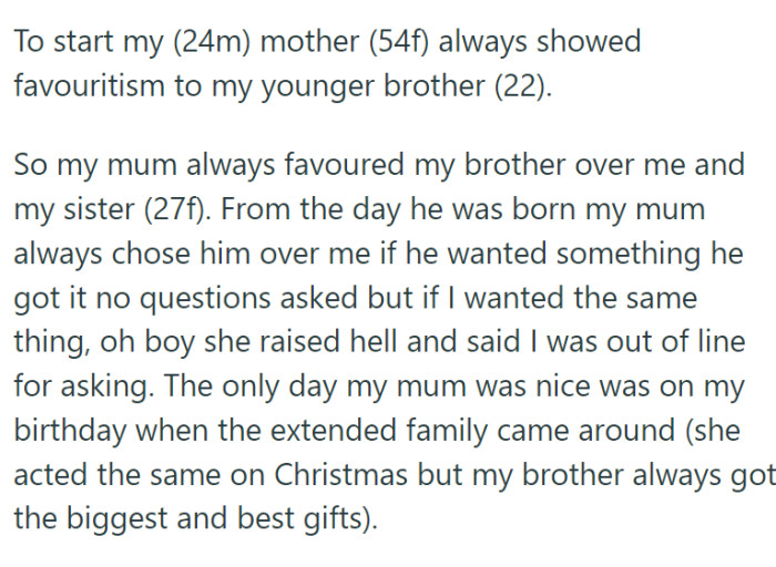 OP is a 24-year-old man who has had a rough experience with his mom, who played favorites with his younger brother.