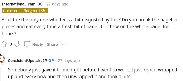 Others acted as if it was a significant issue regarding sanitation for him eating on the job, but OP came to clarify.