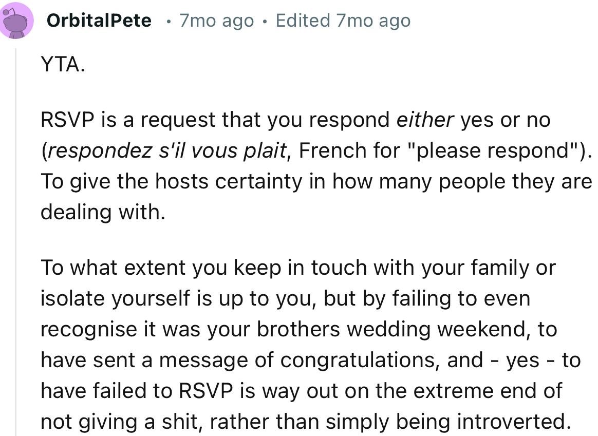 “Failing to even recognize it was your brother's wedding weekend is way out on the extreme end of not giving a sh*t.”