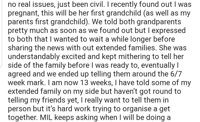 OP recently found out that she's pregnant and has decided to keep the pregnancy low-key until she's ready to spill the beans