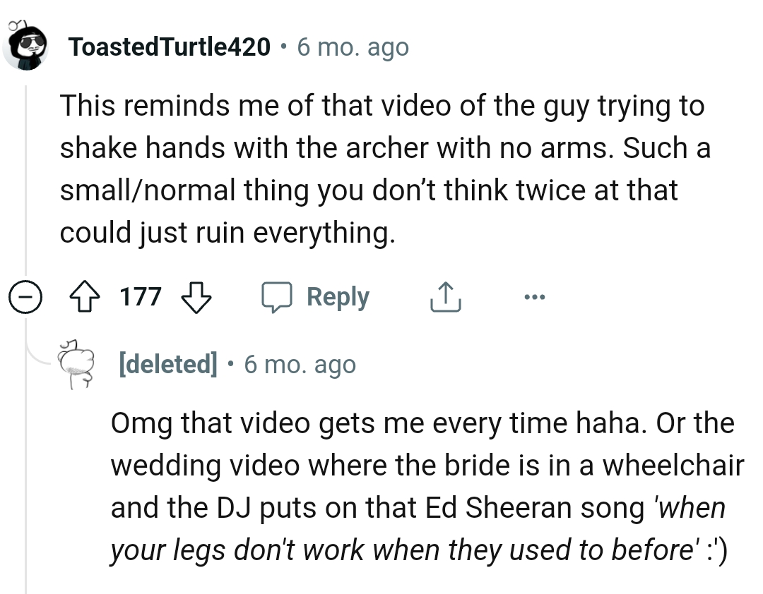 A guy trying to shake hands with the archer with no arms