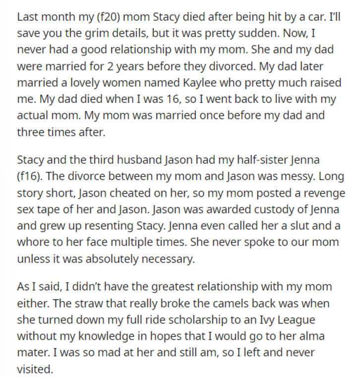 OP gave a lot of info in her post to help explain the relationship between her and her mother and why it was tainted.