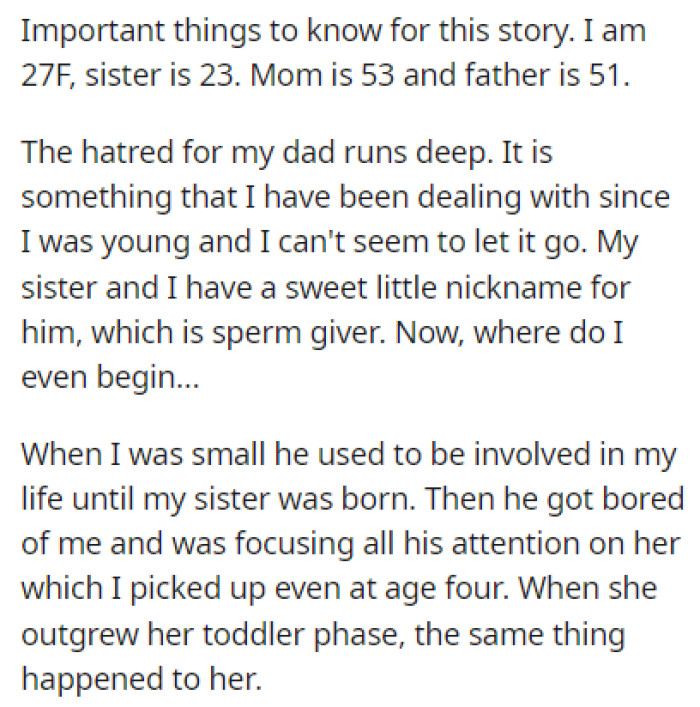 OP has a deep hatred for her father who lost interest in her when her sister was born