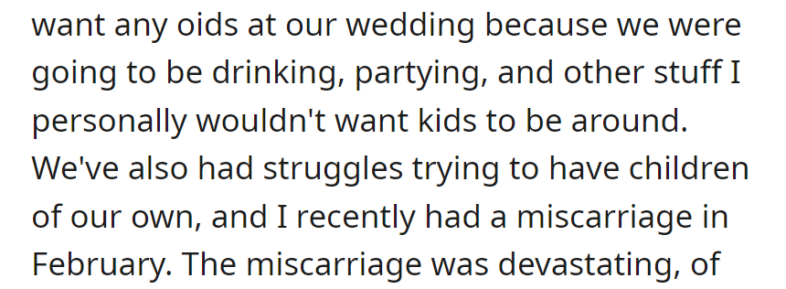 Couple opts for kid-free wedding due to a desire for a lively atmosphere. They've faced fertility challenges, including a miscarriage in February.
