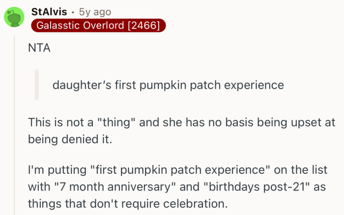 “This is not a ‘thing’ and she has no basis being upset at being denied it.”