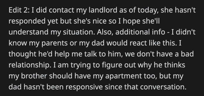 She already reached out to her landlord about her issue, but OP has no clue why her parents are behaving this way