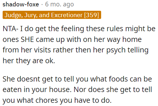 It seems like she might have made these rules herself, not based on her therapist's advice.