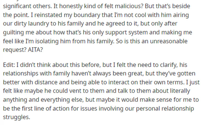 She explains more in an edit and really just shares how she feels about the situation and her point of view on him telling his mom first before her.