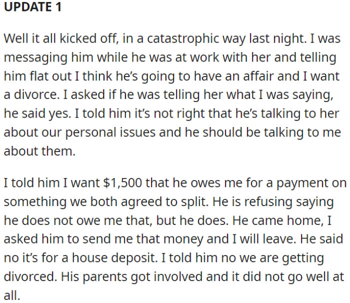 OP confronted him about the possibility of an affair and expressed her desire for a divorce.