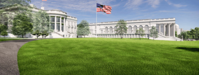 White House exterior with signage discussing modernization and historic ballroom preservation plans