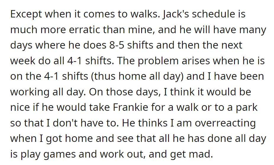Jack's inconsistent schedule leads to tension when he doesn't walk Frankie on his days off, frustrating OP, who works all day and expects shared responsibility.