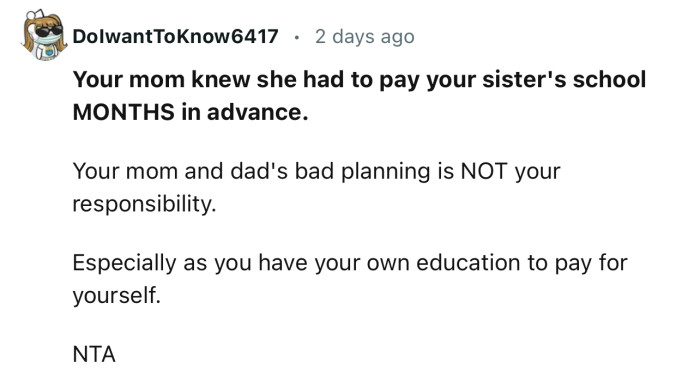 “Your mom and dad's poor planning is NOT your responsibility.”