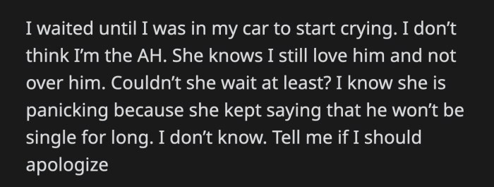 OP went to her car and cried. She doesn't know if she went too far with her snide comment and asked Redditors to weigh in.