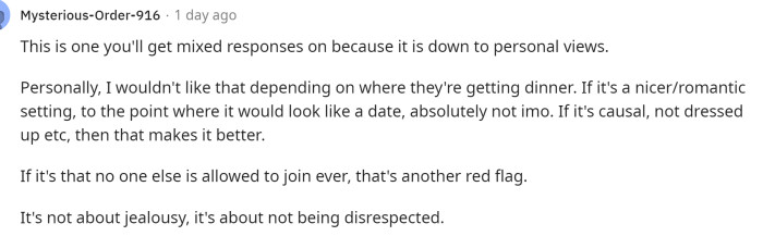 It is down to personal views and also the boundaries you have set in your relationship and your belief system when it comes to this.