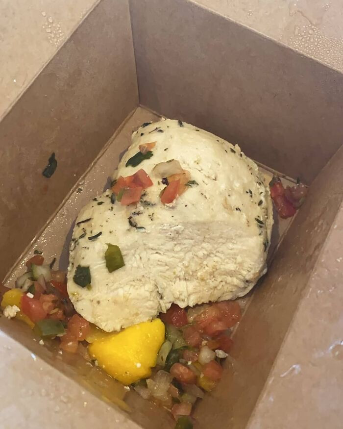 I can't tell if this is cheese, chicken, or something else, but it has terrible presentation and probably worse flavor.