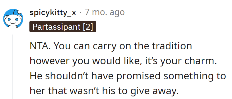 Tradition's a solo act, and the charm is OP's one-woman show. Son's promise game needs a script check!
