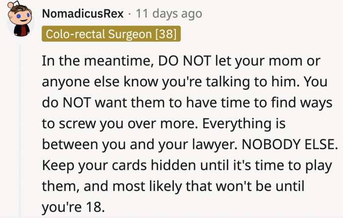 They Urged OP to Work with That Lawyer, but in the Meantime, He Shouldn't Let His Mom Know About His Plans in Case They Try to Sabotage Him