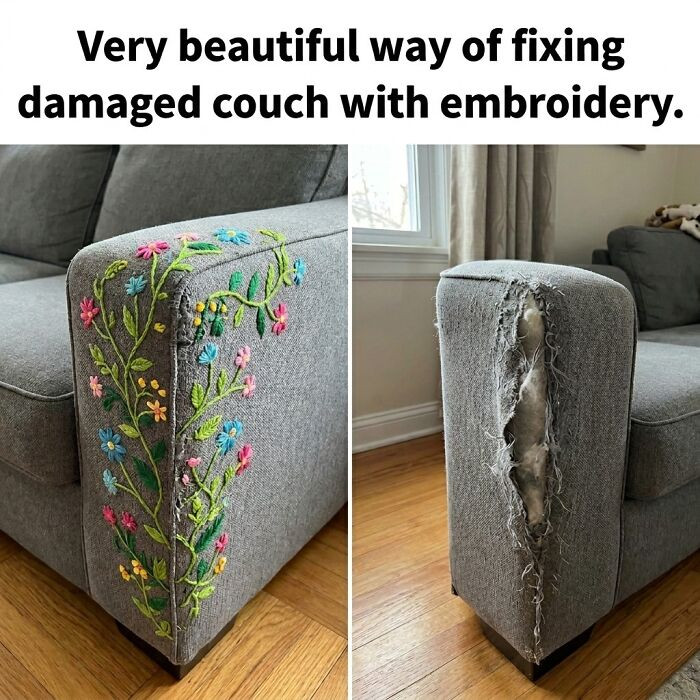 "A Cat Shredded This Couch Arm, So Instead Of Tossing It, They Embroidered A Wildflower Garden Over The Tear"