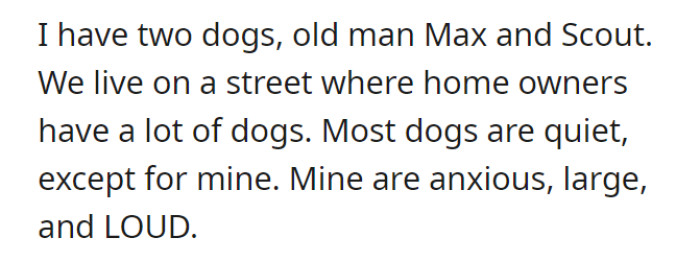 OP owns two dogs—Max and Scout—most of the people on their street own lots of dogs. The majority of those dogs are quiet, excluding OP’s.