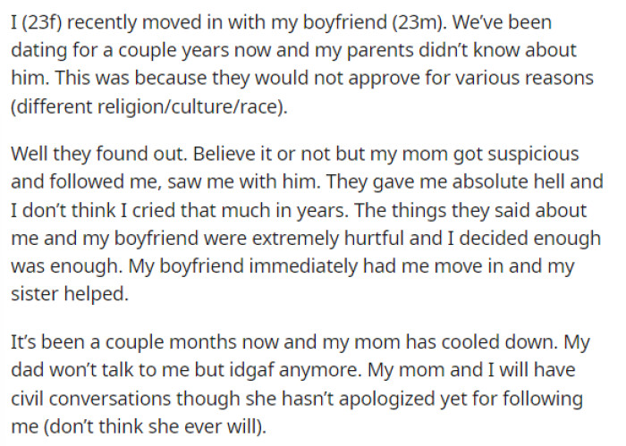 OP begins her post by explaining her relationship with her boyfriend and how her mother has reacted to them being together before.