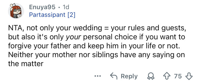 They don’t get a say in what you choose to do for your wedding.