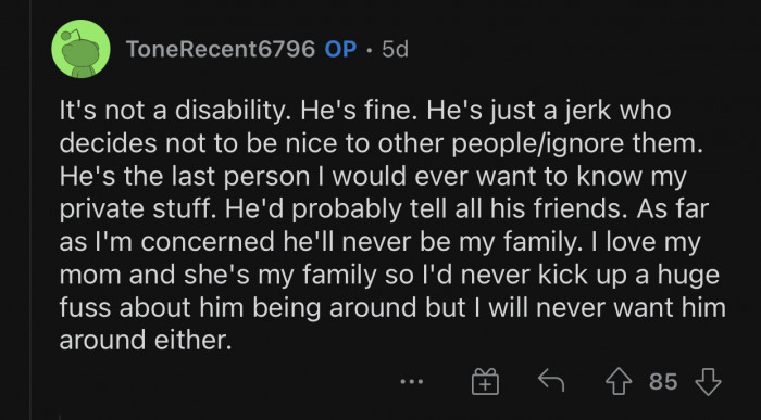OP refuses to consider her stepbrother as “family.”