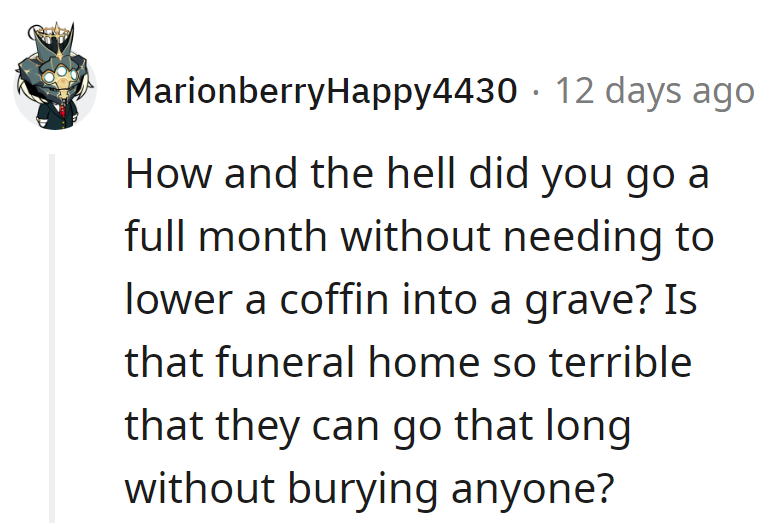 Survived a month of coffin-free tranquility—that funeral home: where even death waits for an invitation!