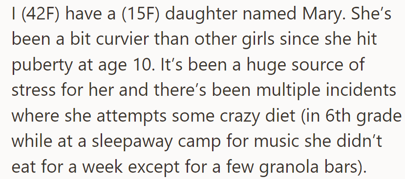 Mary, a 15-year-old girl, has struggled with body image and extreme dieting since puberty at age 10.