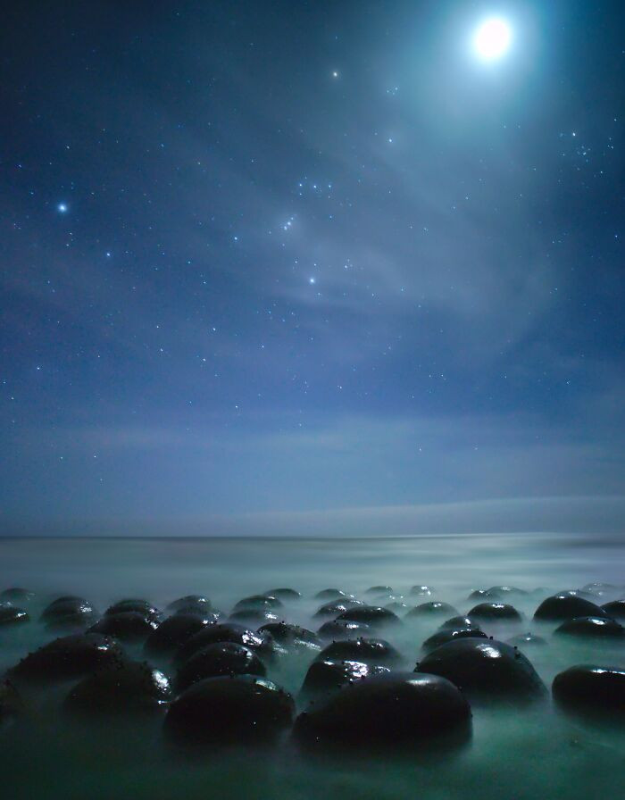 "Moon And Orion Setting Over Alien-Looking Rocks On The Northern California Coast"