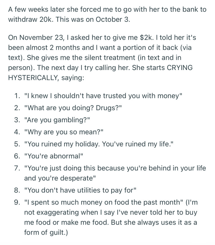 A few weeks later, OP’s mom forcefully borrowed $20,000 from her and has refused to pay it back ever since