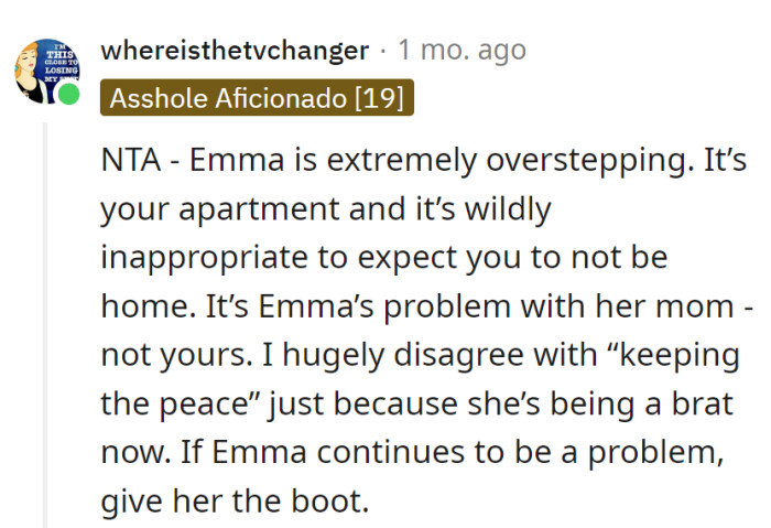 Emma's choreographing an eviction dance in their apartment sitcom.